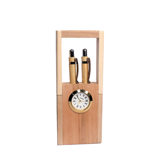 Wooden Pen Holder With Clock